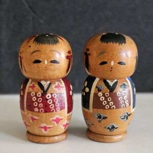 Vintage Japanese Small Kokeshi Wooden Salt and Pepper Shakers